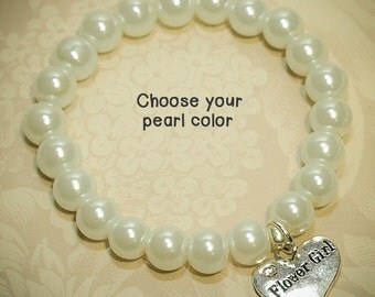 Flower Girl Bracelet -AP- Pearl Bracelet, Flower Girl Heart Charm, Choose the Pearl Color, Flower Girl Gift, Gifts for Flower Girls