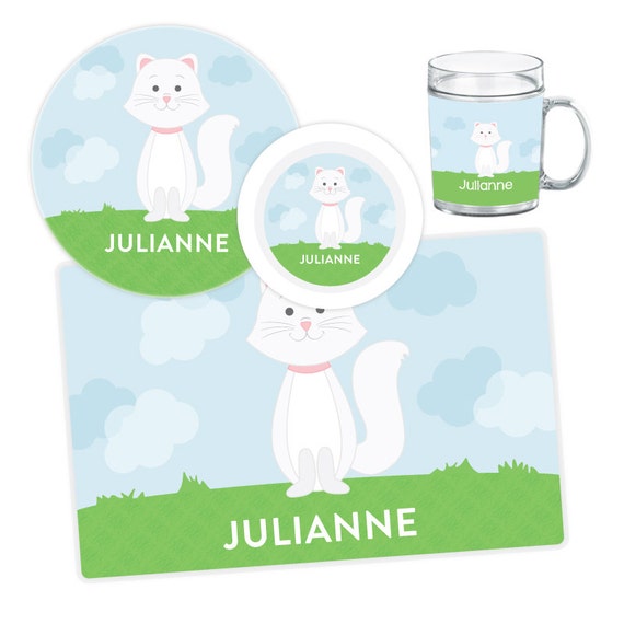 Cat Plate, Bowl, Mug or Placemat - Personalized Plate for Kids - Children Plates - Custom Kids Melamine Tableware Set Il_570xn