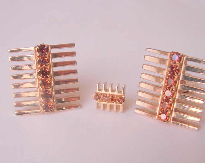 Jeweled Modernist Cuff Links Tie Clasp / Topaz Rhinestones / Mens Dress Set / 60s Vintage Jewelry / Jewellery