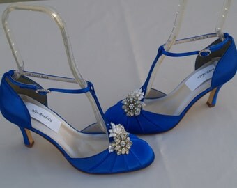 Royal Blue Wedding Shoes Vintage style, Brides Something Blue, Satin Rounded Toe,Closed Toe,D'Orsay Style T Strap,Old Hollywood,Great Gatsby