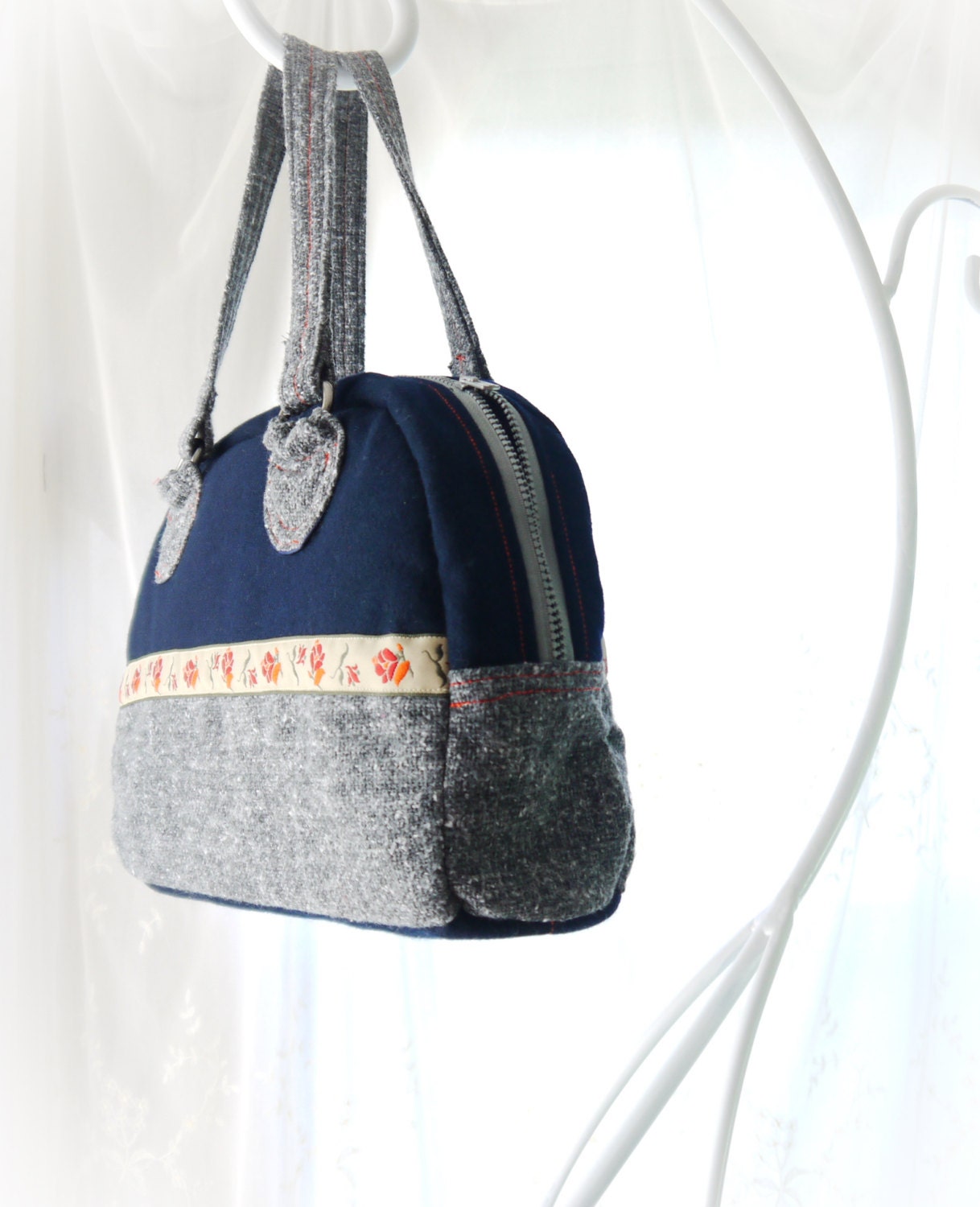 Bowling Bag Purse Bowling Bag Handbag Navy Wool and Gray