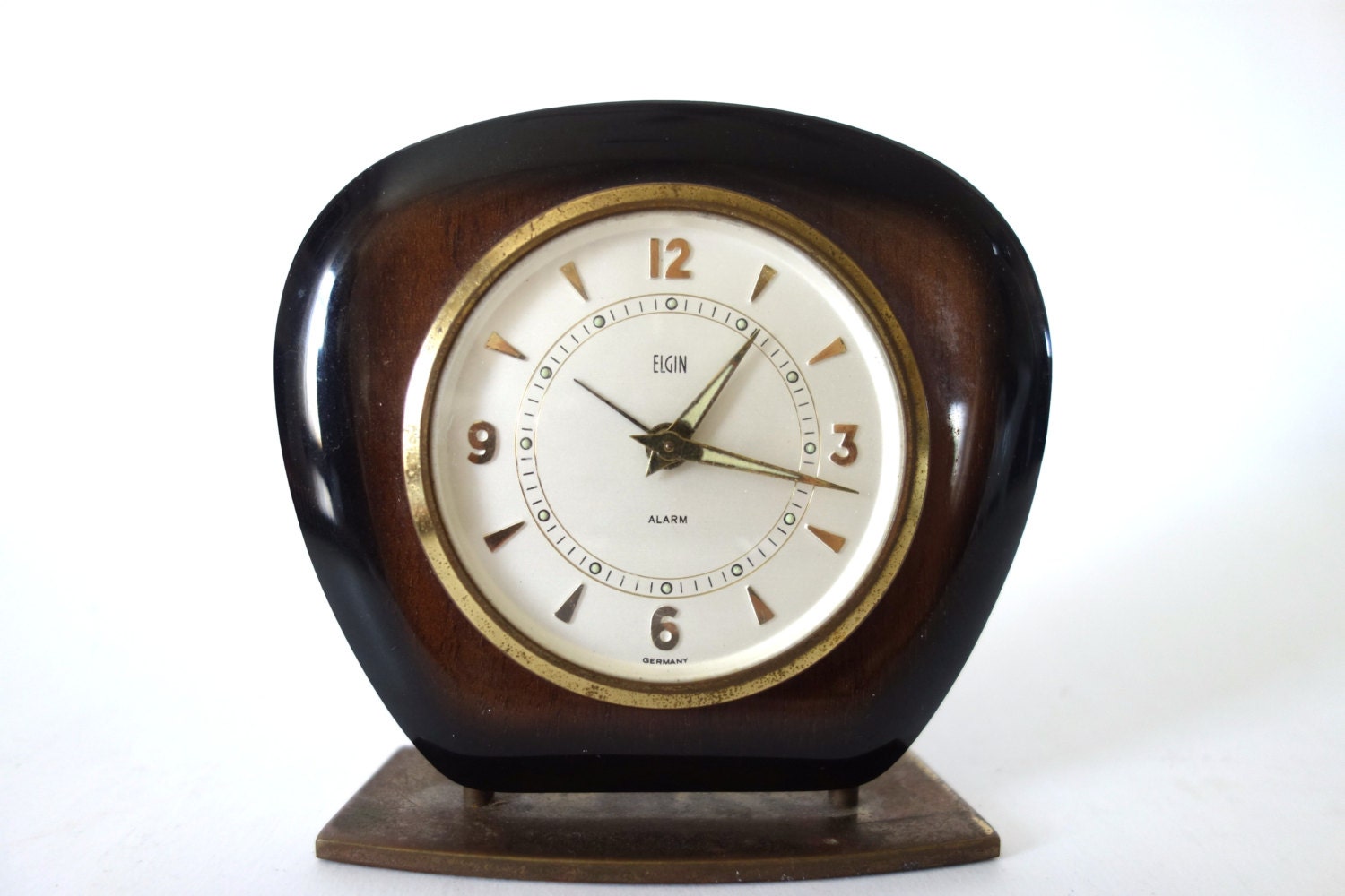 Vintage Elgin Alarm Clock Art Deco Wood Brass Germany Wind Up