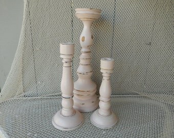 Pink Shabby Candlesticks - Three Candlesticks - Set of Candlesticks - Wooden Pink Candlesticks - Pink Candlesticks