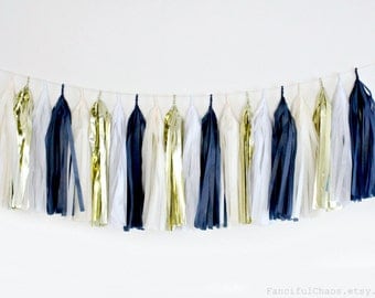 Navy Blue, White, Cream, Gold Tissue Paper Tassel Garland- Wedding, Birthday, Bridal Shower, Baby Shower, Garden Party Decorations
