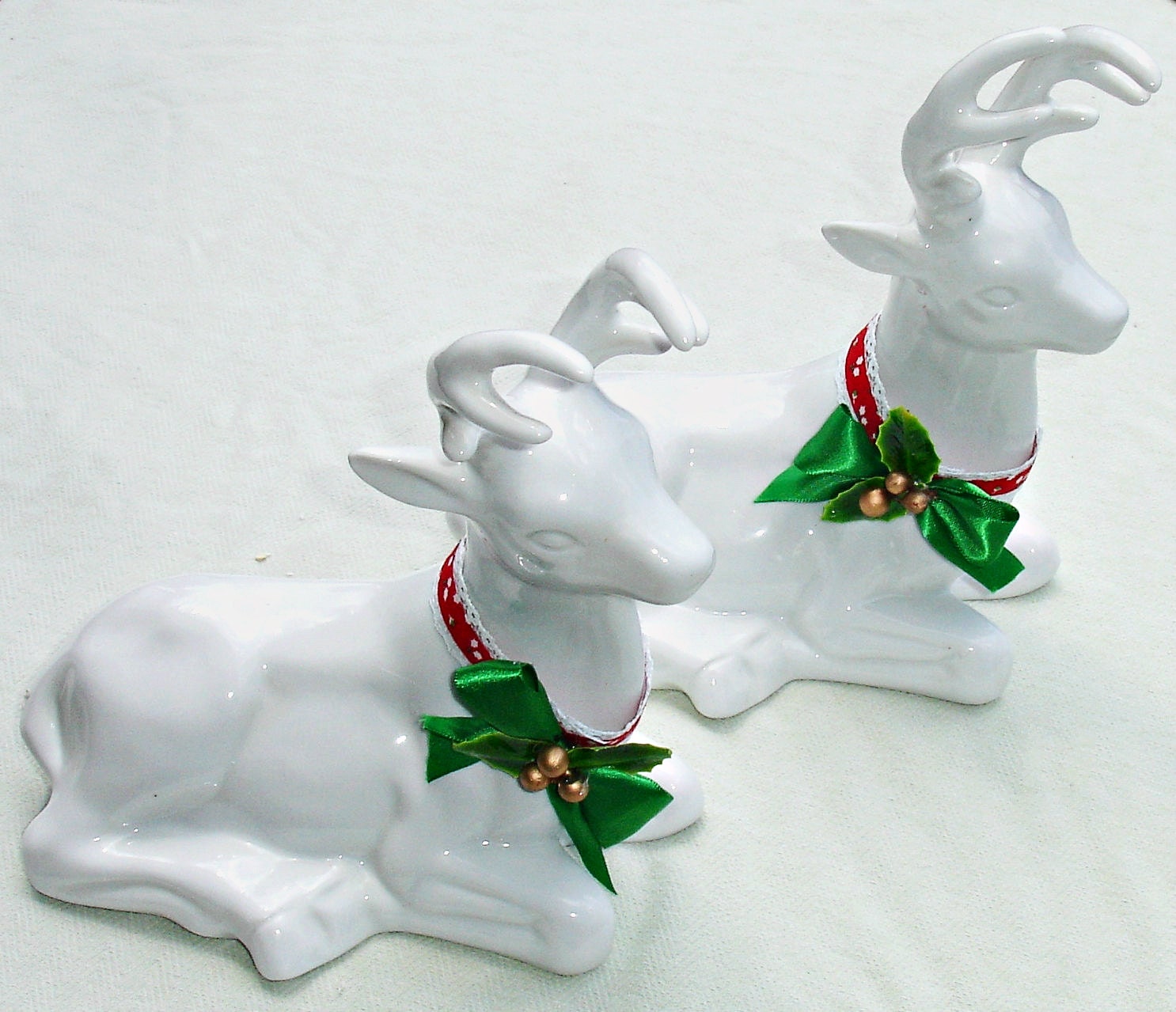 Large White Glazed Ceramic Deer Pair Rustic Christmas Decor