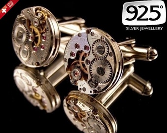 SWISS MADE 925 Watch Movement Cufflinks / Steampunk Cufflinks / Watch Cufflinks/ Sterling Silver Cufflinks or Gold Cufflinks/ 925 Jewelry