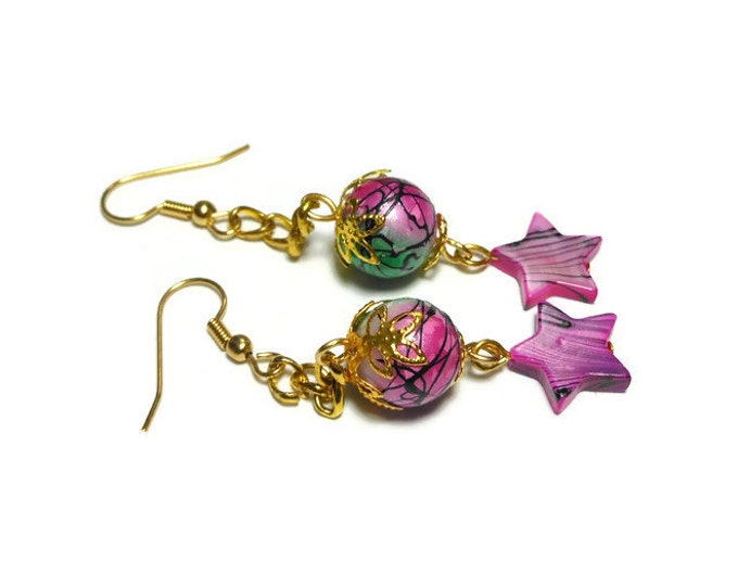 FREE SHIPPING Star earrings, handmade pink mother of pearl stars and pink and green painted glass beads dangle on a gold chain, french hooks