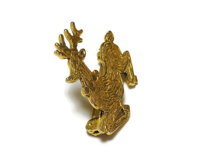 Reindeer brooch, gold tone textured reindeer, holiday mid century brooch pin