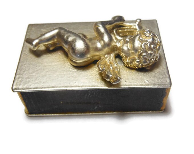 FREE SHIPPING Florenza cherub match box, match safe great condition, gold cherub harp, gold tipped matches, striker works late 50s early 60s