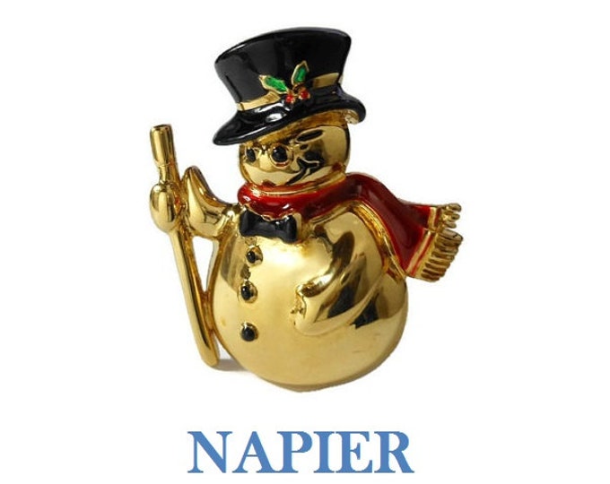 FREE SHIPPING Napier snowman brooch, gold tone winking snowman with enamel details, black top hat holly scarf bow tie, holiday Christmas pin