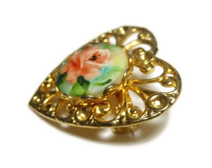 Heart brooch, gold filigree heart with inset hand painted cabochon of a pink orange rose, small sweet pin, lapel pin, flower floral brooch