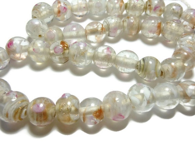 Lampwork bead, lampwork glass 10mm round bead, pink and white bumpy beads with swirls of gold glitter inside, sold per 16-inch strand