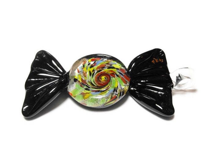Candy lampwork pendant, black and multicolored with silver colored foil, 68x29mm candy