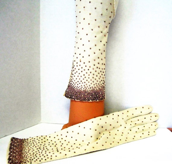 Bronze Beaded Gloves - Long Ecru Beads - Size 6.5