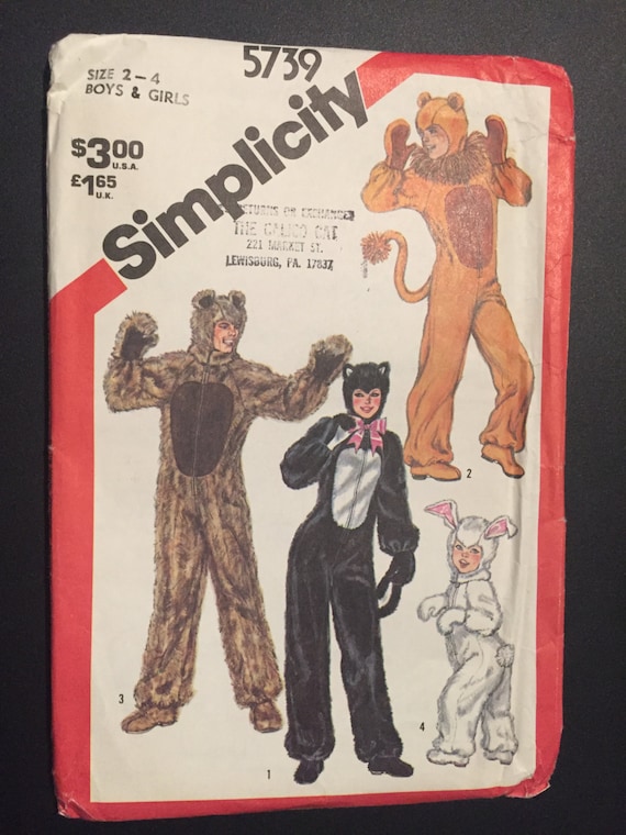 Simplicity Sewing Pattern 80s 7648 or 5739 Children's or Adults Cat, Bunny, Lion and Bear Costume Size2-4 or 40-42