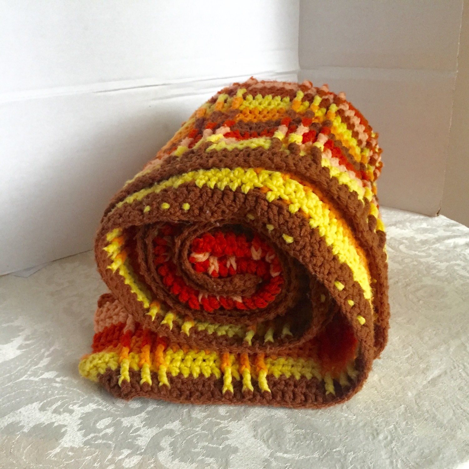 Vintage Afghan in Autumn Colors / Hand Knit Throw Blanket in