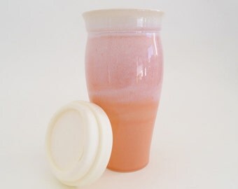 IN STOCK, Coffee Travel Mug with Silicone Lid and Sleeve, Big Pink Stoneware To Go Mug, Gift for Her