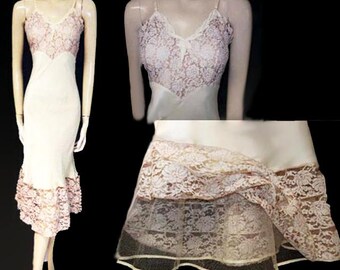 Vintage 40s 50s Seamprufe Slip Satron Satin Ivory Eggshell Flared Net Wide Lace Slip designer slip satron slip vintage