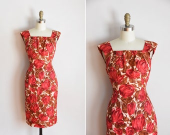 50s Yearly Bloom dress/ vintage 1950s silk daydress/ vintage tulip wiggle dress