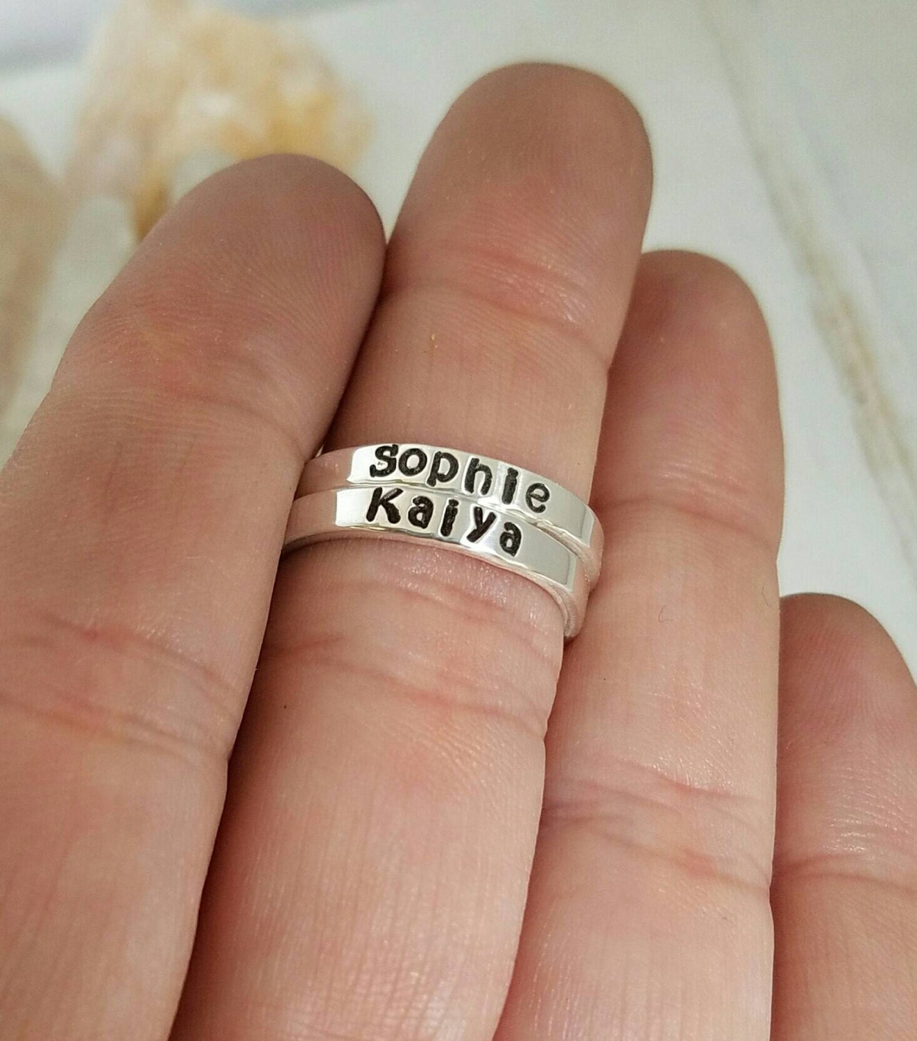 Set of 2 Sterling Silver Name Ring 3mm wide Personalized