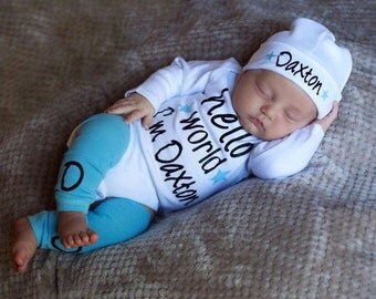 Baby Boy Newborn Personalized Hello World Bodysuit or Gown Leg Warmers Personalized Hat Option Newborn Take Home Outfit Baby Boy Gift Twins