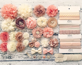 DIY Baby Headband Making Kit - Peach, Beige, Ivory, Champagne Collection - MAKES 20+ HEADBANDS! Shabby Chic & Glam Flower Headbands - HK100