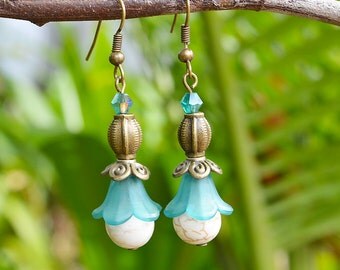 Blue Flower Earrings handmade with howlite gemstones and victorian brass beads elegant jewelry