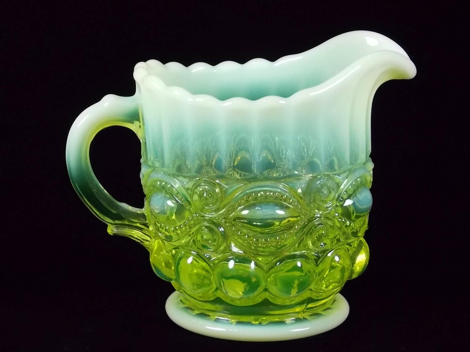 1970's Mosser Vaseline Opalescent Glass Eye Winker Creamer