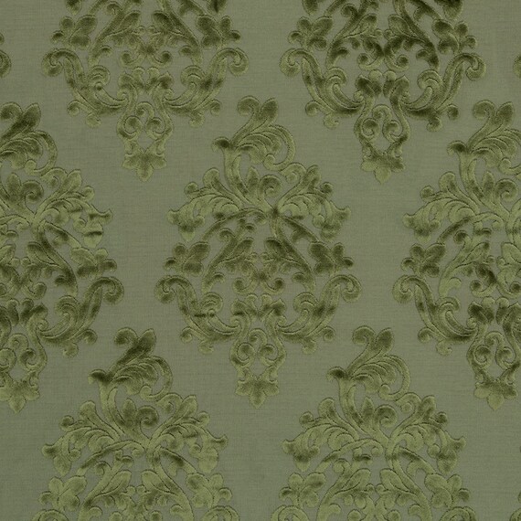 Olive Green Velvet Damask Upholstery Fabric Modern Medallion