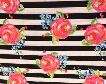 FABRIC-Black and White Striped Floral Fabric by the Yard-Quilt Fabric-Apparel Fabric-Home Decor Fabric-Fat Quarter-Craft Fabric-Fat Quarters