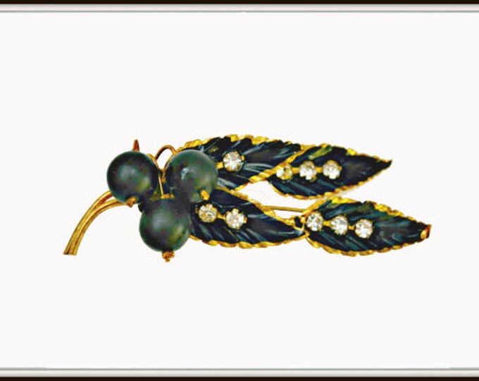 Leaf Brooch - Signed Austria - Rhinestone - Gold metal Black Enamel - crystal - Leaf Pin