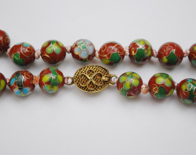 Cloisonne flower Bead Necklace - Red Brown beads green blue gold - Enameling - Hand knotted beads -Asian Chinese