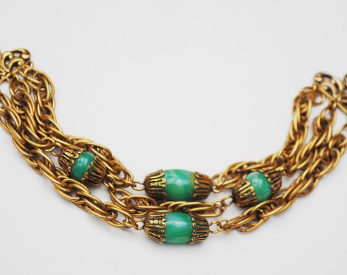 Multi chain Bracelet _ Green Art glass - Peking glass - Vintage Triple gold chain