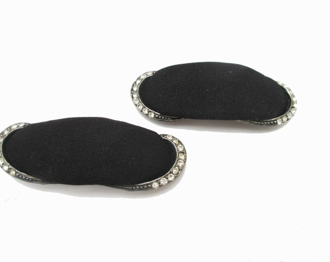 Vintage Shoe Clips - Black cloth - Clear Rhinestone - Oval