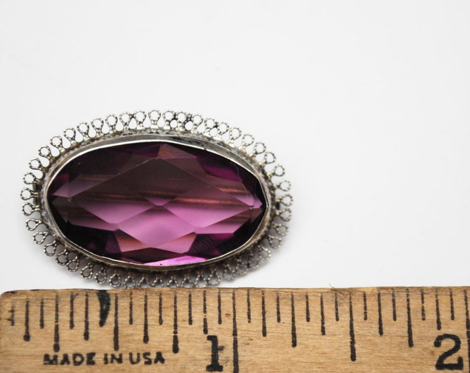 Sterling Brooch with Amethyst Purple Glass silver lace filigree pin