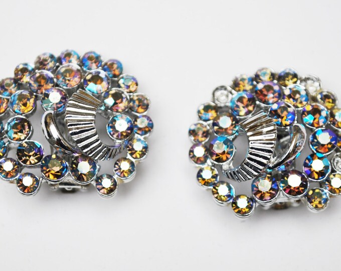 Claudette Rhinestone Earrings Mid Century Aurora Borealis Rhinestone Clip On Earrings