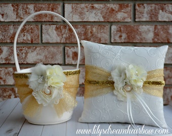 Items similar to Flower Girl Basket Ring Bearer SET Rustic Bling Pearl ...