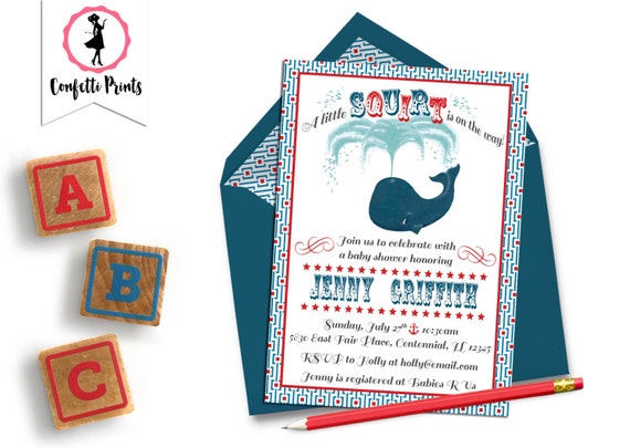 Nautical Baby Shower Invitation | Whale Baby Shower | Vintage Baby Shower | Summer Baby Shower | Nautical Birthday - LITTLE SQUIRT Il_570xn