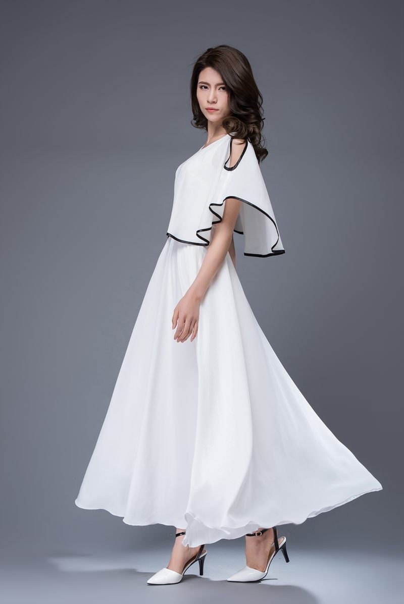 Chiffon Capelet Dress White Long Cape Dress with Shoulder