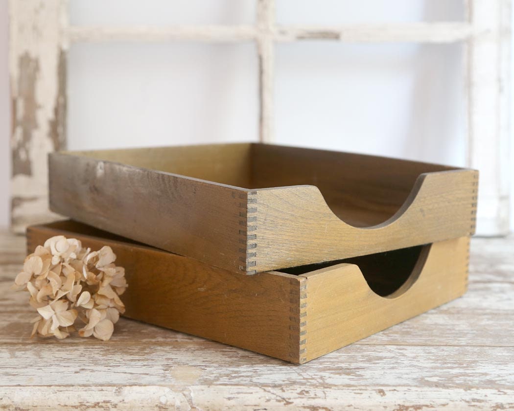Vintage Wooden File Tray Office Desk Tray In Box Out Box