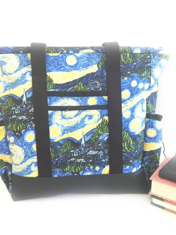 Leather Bottom Large Tote Bag with Pockets, Kitchen Sink, Professional Tote, Travel Tote, Teacher Bag, Van Gogh Starry Night Teacher Tote