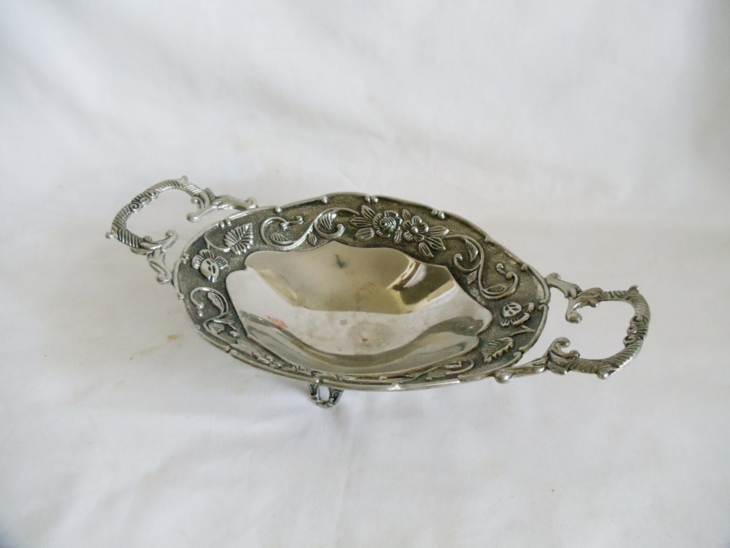 Footed vintage metal bowl German silver, Strawberry flower, candy dish