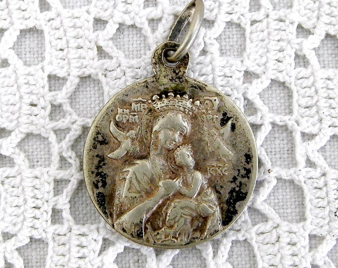 Vintage French Religious Silver Plated Charm Jesus Sacred Heart Virgin Mary and Baby Jesus, Religious Pendant Jewelry, Christian Charm