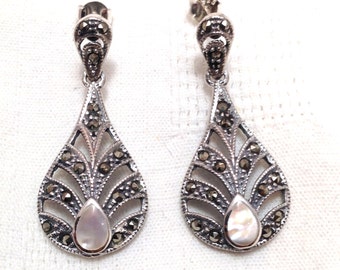 925 Sterling silver Art deco style mother of pearl and marcasite earrings vintage antique