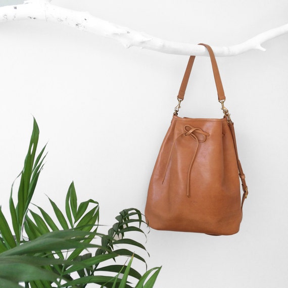 Unique Camel bucket bag brown leather everyday bag carry