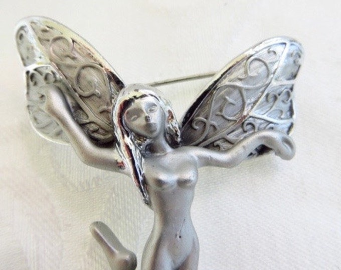 Art Nouveau Fairy Brooch, Silvertone Nude Fairy Pin, Garden Nymph, Vintage Jewelry