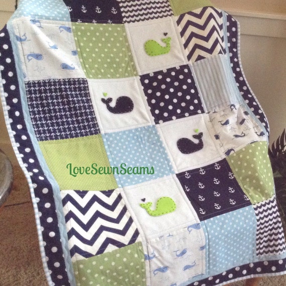 BABY BLUE/Soft Green/Navy Crib size quilt/38x52 by Lovesewnseams