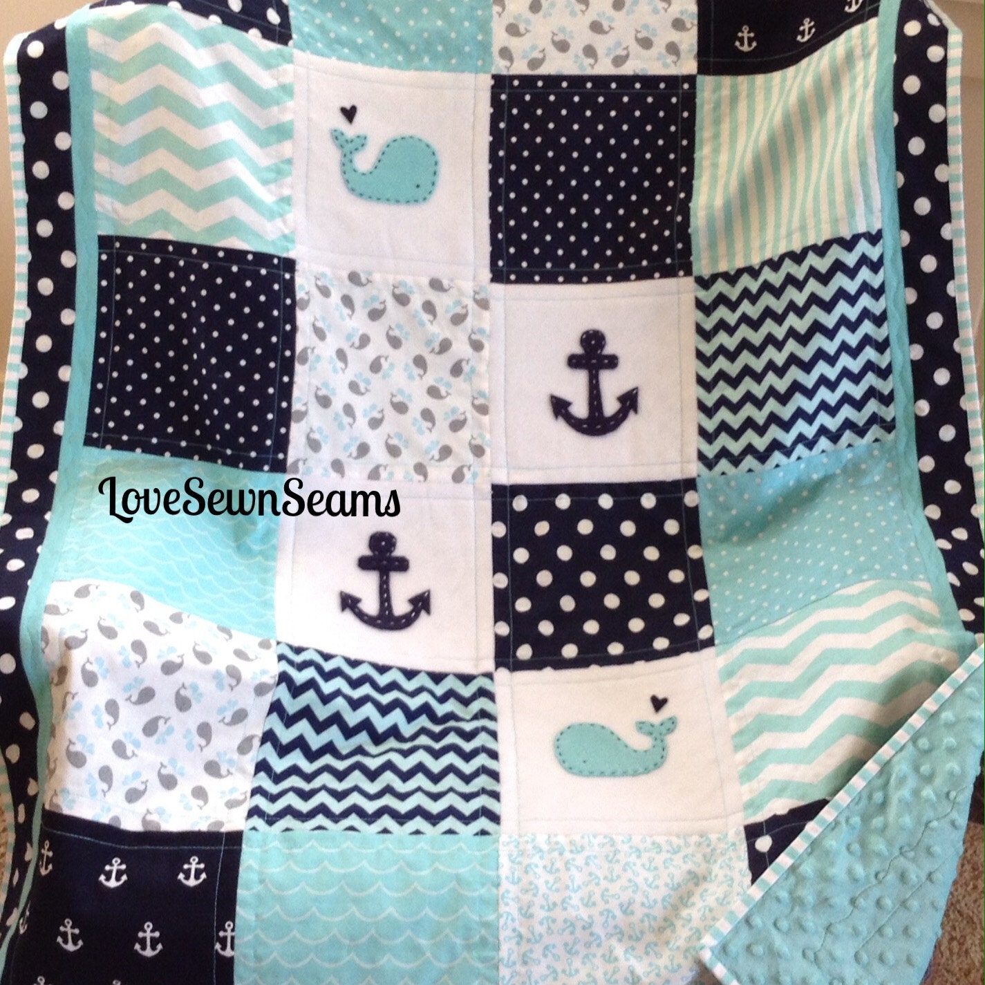 Nautical Crib Size quilt in aqua navy white