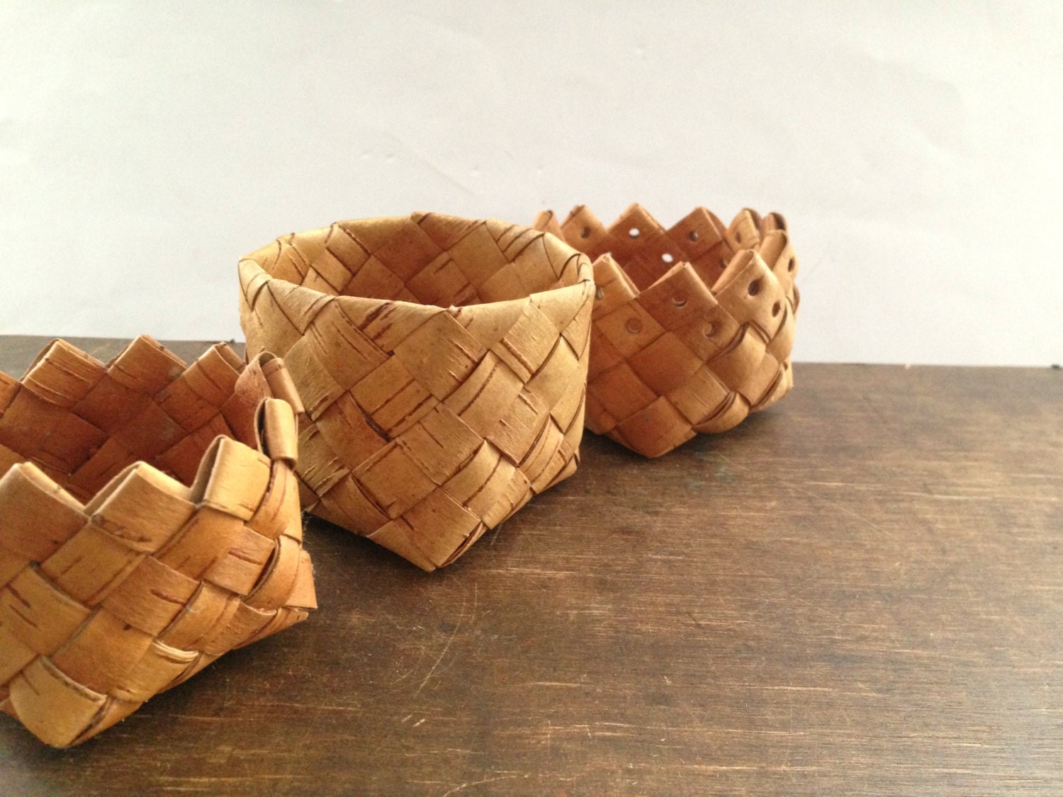 Vintage Swedish birch bark basket Set of 3 Rustic home kitchen