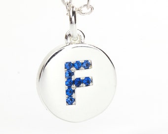 Letter F on Silver Plated Disc, Capri Blue CZ Pave Letter Charm, Initial Pendant, 11mm Dia., 2.5mm Thick, Alphabet Charm, C0UM.SI.RH18.F.P01